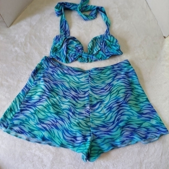 Vintage Jantzen Blue Green Wavy Pattern Two Piece Scalloped Hem Swimsuit - Picture 1 of 14